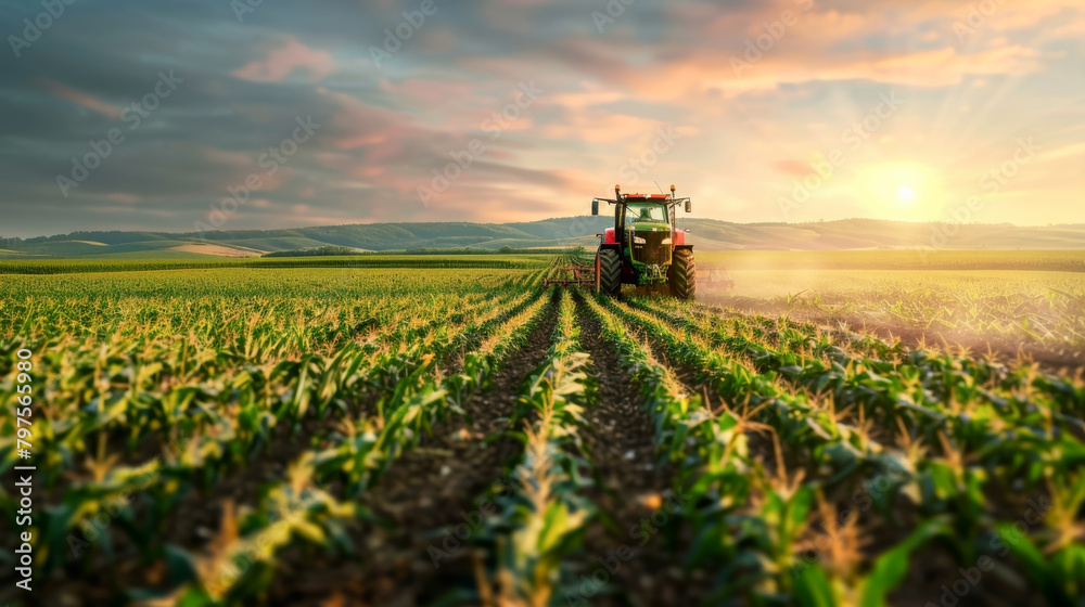 Corn field at sunset, agricultural fields with tractor, Harvester machine working at corn field. Corn field at sunset, agricultural fields with tractor, Harvester machine working at corn field.