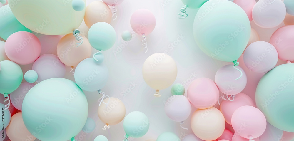 Soft pastel balloon display, drifting upwards against a creamy background, ideal for creating a serene and joyful atmosphere.