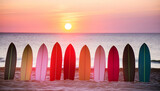 Multicolored Surfboards Paint the Sunset Seascape.