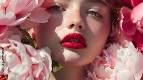 Close-up of a girl's face with clear skin and red lipstick on her lips. The model is surrounded by pink peonies. creating an elegant look.  photo