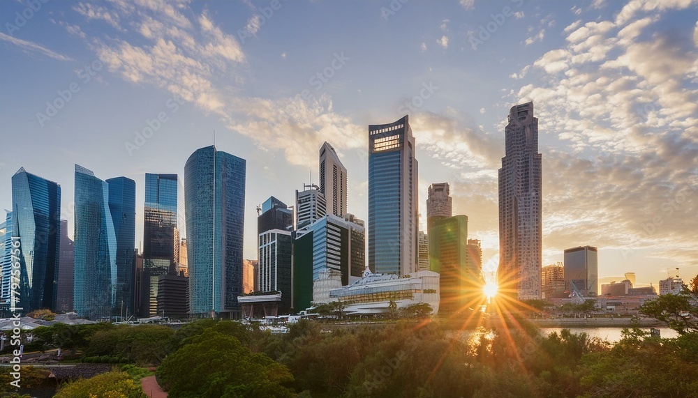Obraz premium Urban skylines at sunset. Stunning image captures essence of modern cityscape showcasing dynamic interplay of architecture business and life. Towering skyscrapers dominate city economic and design