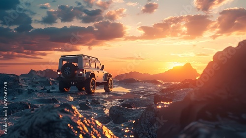 Rugged High-Performance SUV Embarking on Off-Road Adventure at Sunset Landscape photo