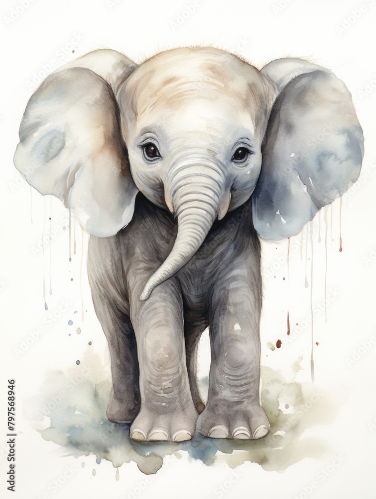 a baby elephant watercolor in white background