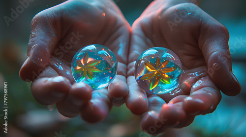 Closeup of two hands grasping three huge marbles shaped like the flower symbol. 