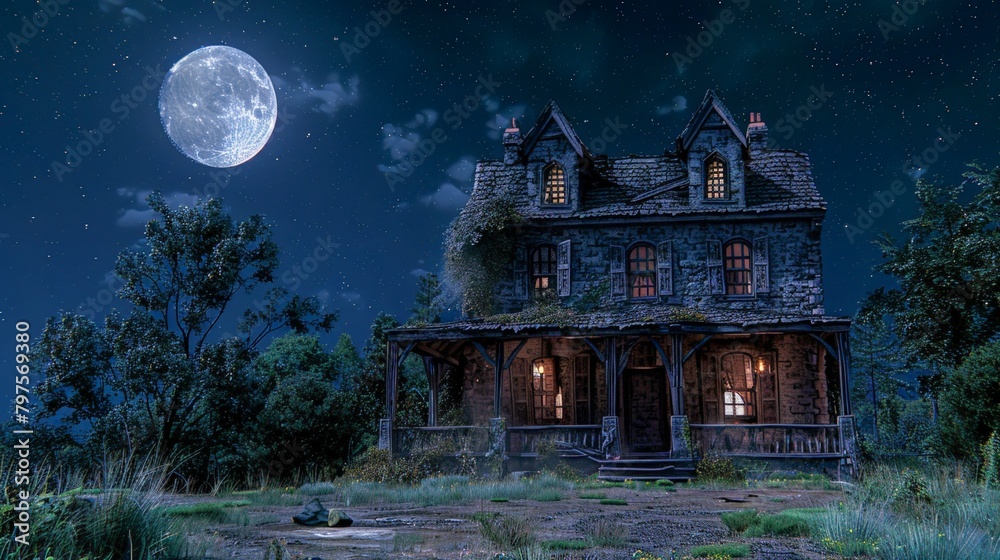Dilapidated old house in the woods under the moonlight