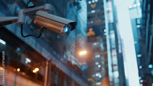 A camera is mounted on a pole in a city