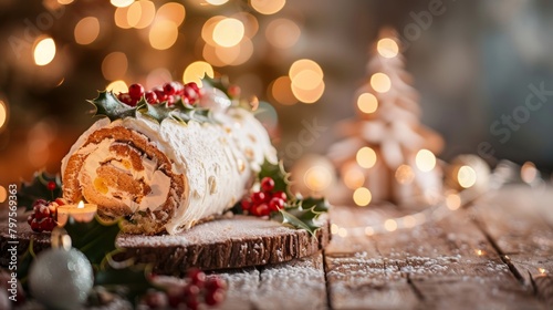 A Yule log cake on a wooden table in a rustic style.