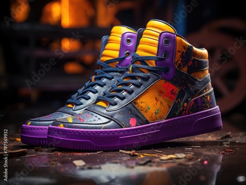 an illustration product shot of a pair of high-top sneakers, meticulously styled and photographed against a backdrop that reflects urban street culture, AI Generative