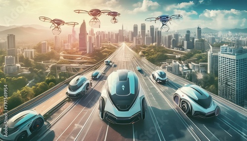 Autonomous Vehicles: Create scenes of self-driving cars, drones, and delivery robots navigating city streets and highways, showcasing innovation in transportation technology.