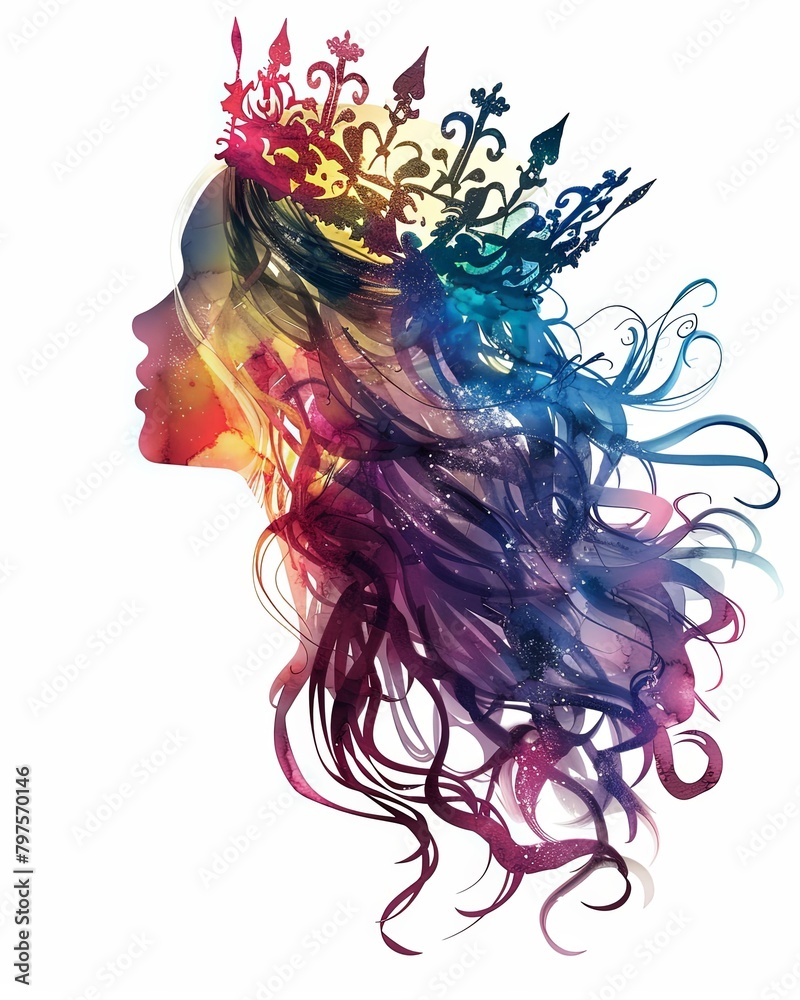 Obraz premium Watercolor illustration of a princess girl with fairy tales kingdom double exposure