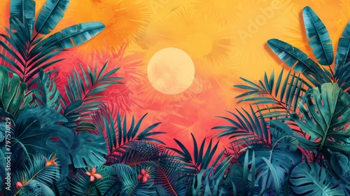 Modern Summer Party Card Design - Tropical Foliage with Bright Sunset Background - Packed Layout with Negative Space for Text - Perfect for Summer Celebrations and Event Promotions - Generative AI