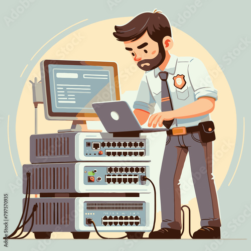 illustration of a network technician maintaining a network router