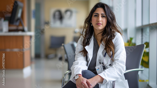 Content Middle Eastern female doctor sitting with legs crossed and smirking while peering at the camera in a hospital during a consultation.  photo