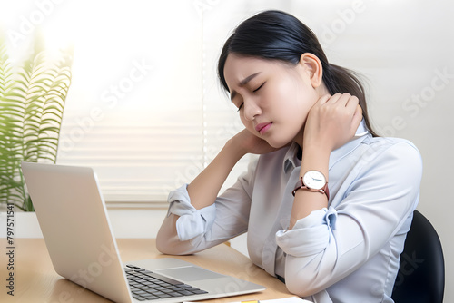 Pain in the neck muscle of Asian woman. Concept of nape pain and nuchal stiffness.