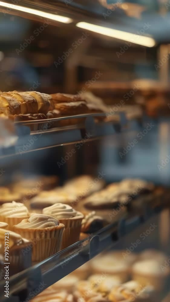 A bakery display case with a variety of pastries, including cupcakes and donuts A bakery display case with a variety of pastries, including cupcakes and donuts