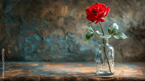 Rose in glass bottle on wooden table