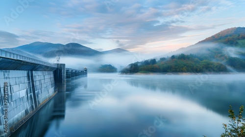 Serene Hydroelectric Reservoir at Dawn with Misty Mountain Reflection