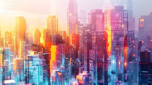 Vibrant Futuristic Cityscape with Transparent Glass Skyscrapers Reflecting Sunrise Hues