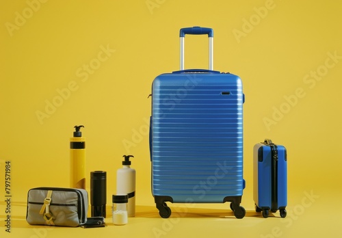 "Blue wheeled hand luggage and travel essentials on yellow backdrop