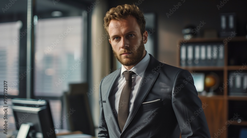 Businessman in Suit Standing in Front of Computer Businessman in Suit Standing in Front of Computer