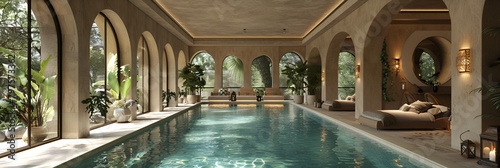 Luxury swimming pool. 3D rendering, 3D breathtaking modern villa southeast Asian jungle landscape design on mountain Cliff 