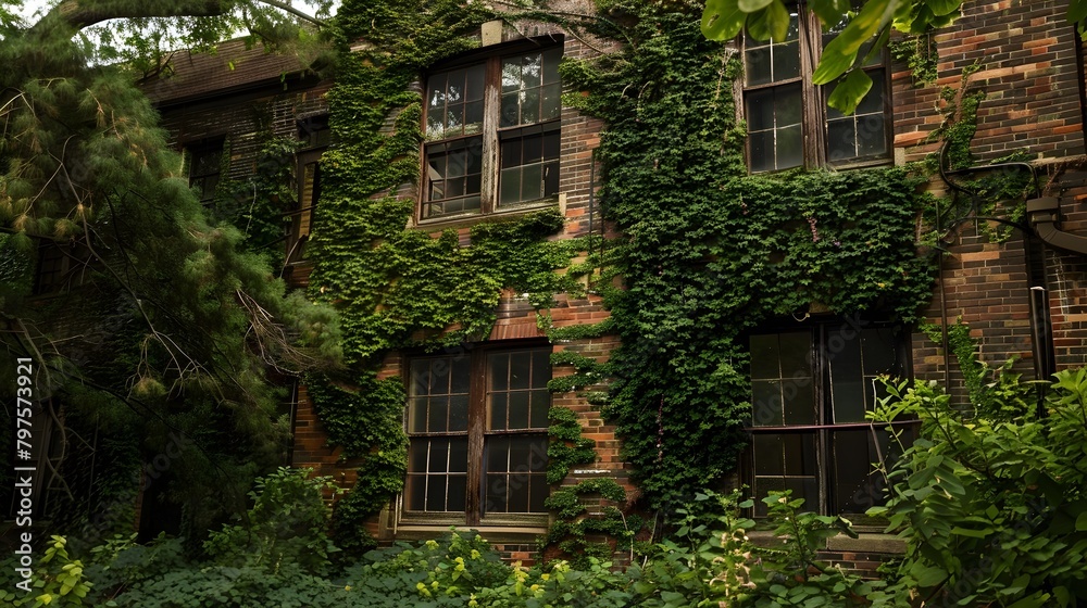 Rustic Brick Building Covered in Lush Ivy,Harmonious Blend of Nature and Historic Architecture