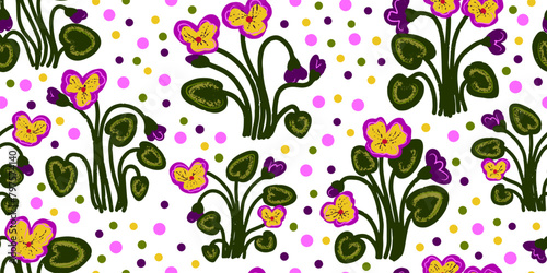 Texture violets. Forest flowers. Cartoon style. Hand drawn elements. Vector seamless overlapping pattern.