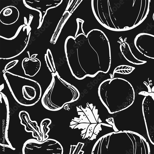 Texture doodle vegetables and fruits, black and white. Cartoon style. Hand drawn elements. Vector seamless overlapping pattern.