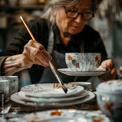 Woman handpainting custom dinnerware, closeup on brushes and fine details photo