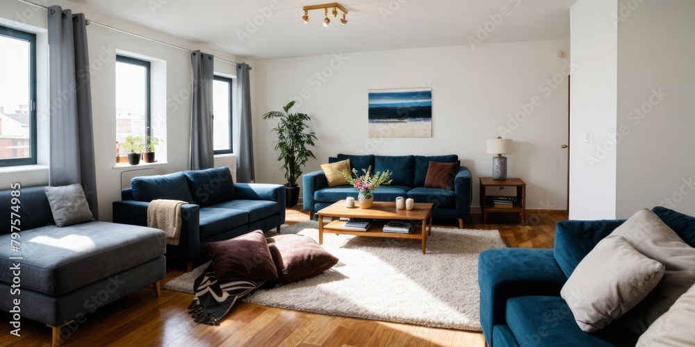 a living room interior with a couch, coffee table, and a window. a living room interior with a couch, coffee table, and a window.