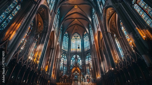 Majestic Neo-Gothic Cathedral with Intricate Spires and Stained Glass Windows in Dramatic Lighting