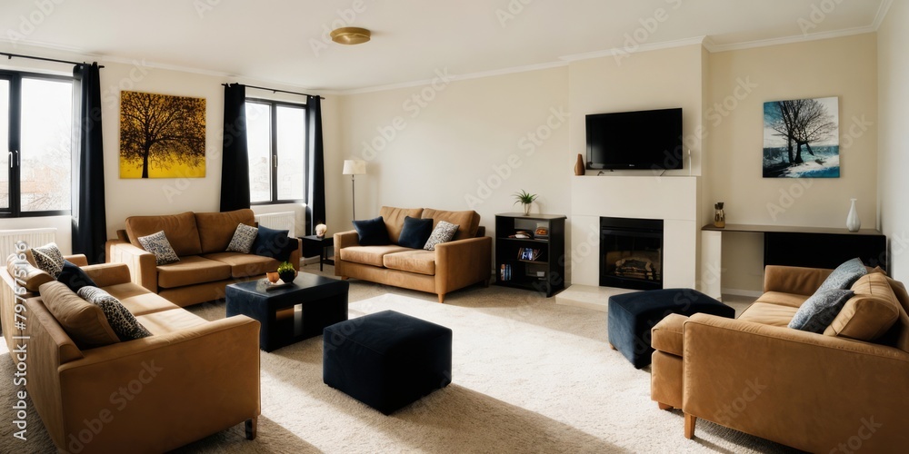 a living room interior with a couch, coffee table, and a window. a living room interior with a couch, coffee table, and a window.