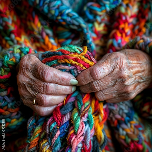 Close view of a woman knitting colorful wool, hands in motion, emphasizing the texture of the yarn photo