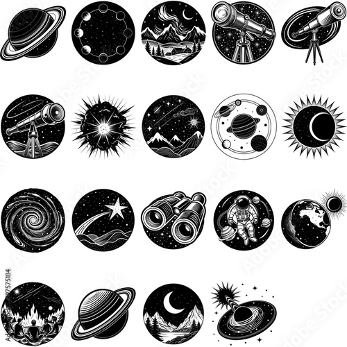 A detailed black and white drawing showcasing various planets ranging in size and texture, each displaying unique characteristics and features.