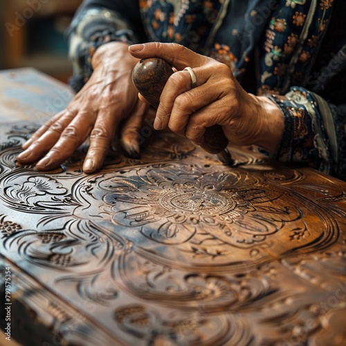 Closeup of a womans hands etching designs into wood, fine craftsmanship and focus photo