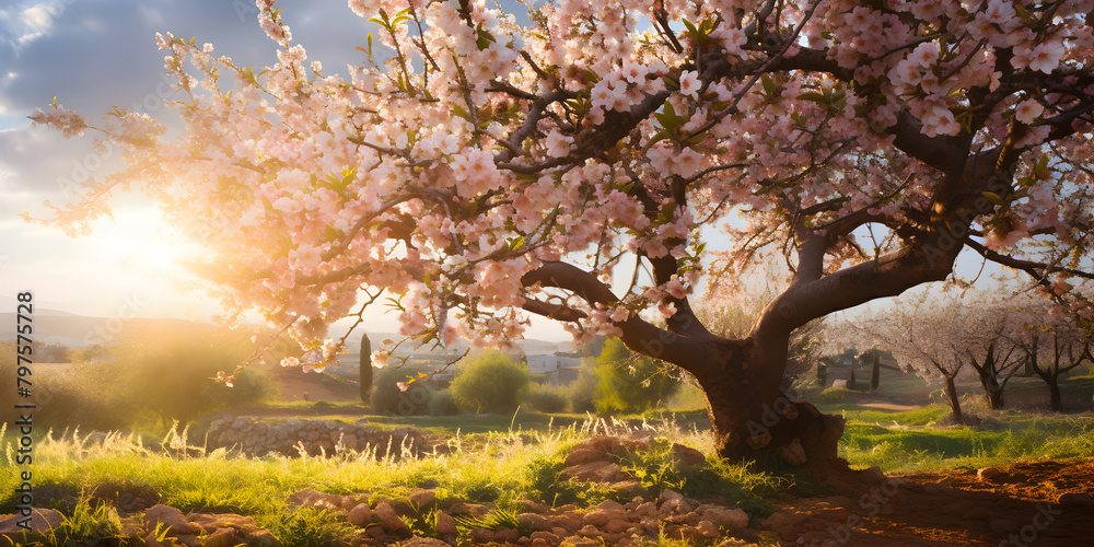 Fototapeta premium Beautiful almond tree loaded with pink flower in the garden background with sun shines, Almond tree in the garden, generative AI