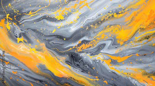 Thunderstorm-inspired abstract with grey streaks and yellow bursts, dynamic interior piece.