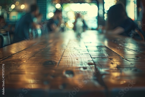 Hardwood table on plank flooring with a bar in the background