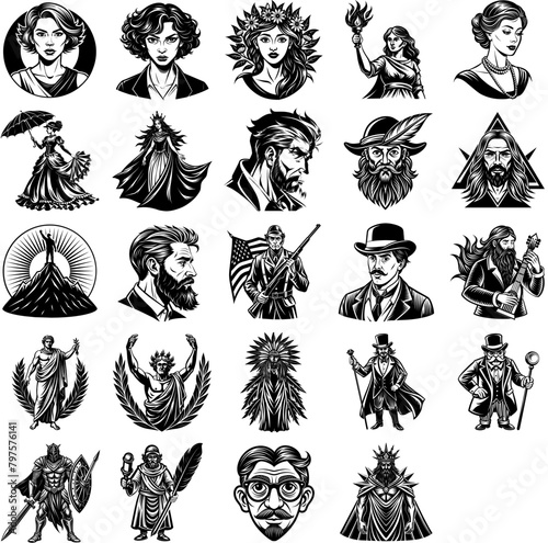A series of vector illustrations depicting various individuals in black and white. The images showcase diverse people engaged in different activities and emotions.
