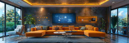 Modern living room concept of the Internet,
A modern cinema room with a wall of floating shelves
 photo