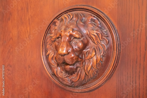 lion wooden head decor on front door. Bas-relief close-up.