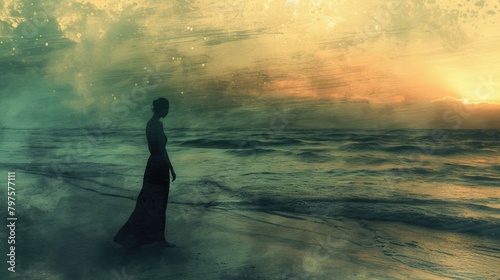 Silhouette of young beautiful woman standing while looking at sea at sky with subset and gradient background. Attractive girl or female standing surrounded with wave and wind blowing. Nature. AIG42.