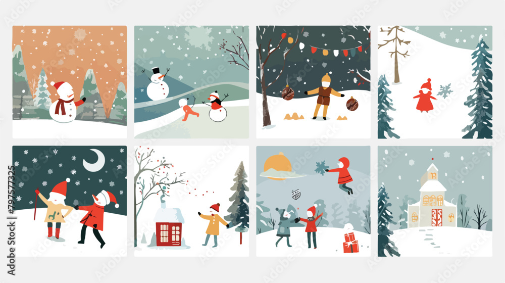 Set of Christmas greeting cards with children playing