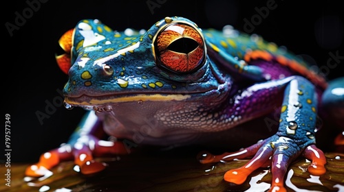 illustration close up photo of a tropical punk tree frog on a large wet frond, AI Generative photo