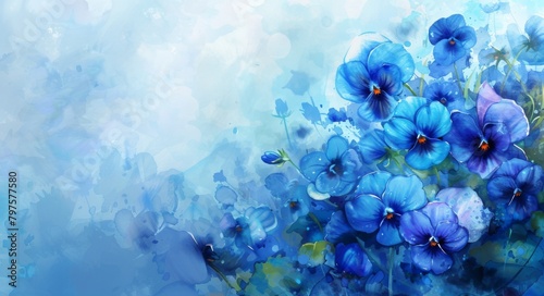 Abstract blue flower background. Blue Pansy flowers in the meadow