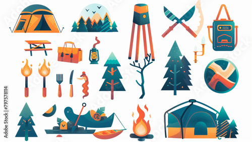 Camping flat icons set. Camp, domestic tourism, hiking, picnic, forest icons and more signs. Flat icon collection. Vector style, studio style,