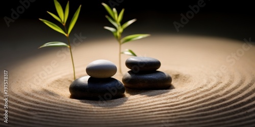 a group of rocks with a couple of green plants on sand
