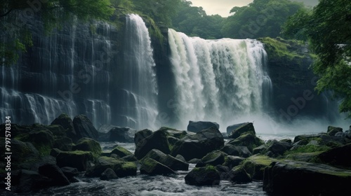 a waterfall with rocks and trees