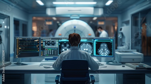 A radiologist sits at a computer monitor and analyzes magnetic resonance imaging (MRI) results as part of a patient's examination.