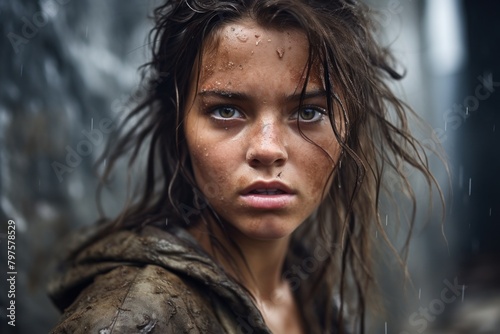 a woman with wet hair and wet jacket